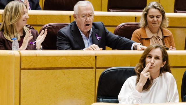 La ministra de Sanidad, Mónica García y el senador del PP Javier Arenas, discuten durante una sesión plenaria en el Senado en noviembre pasado.