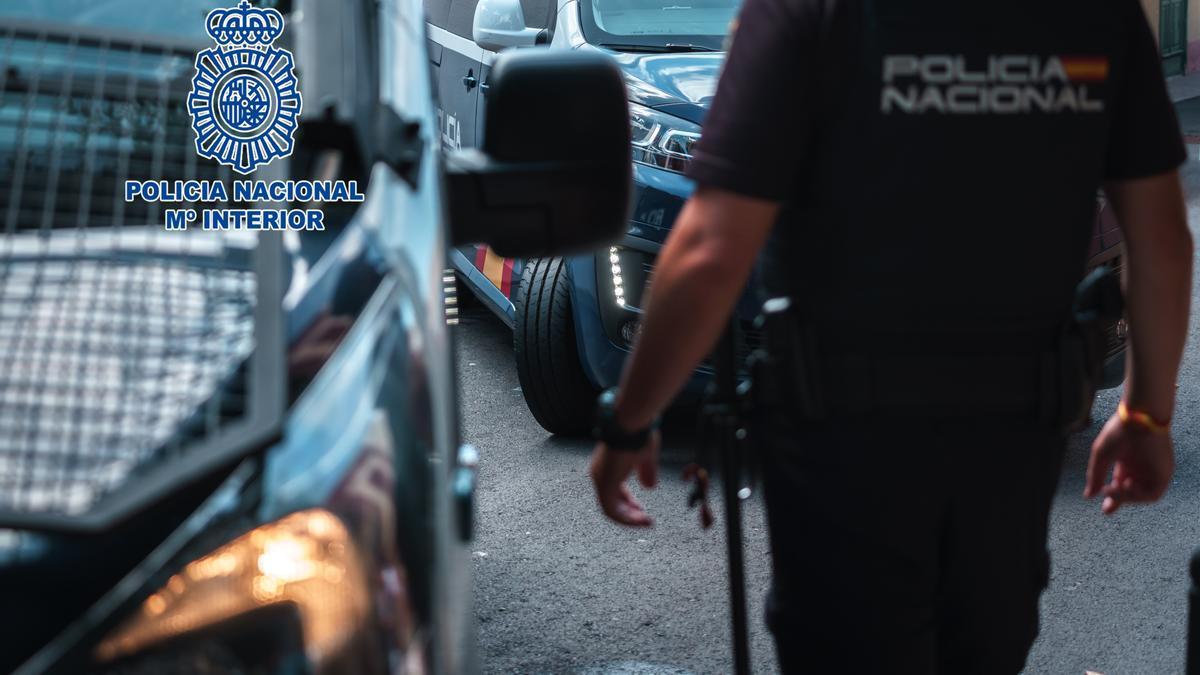 Imagen de recurso de un agente de la Policía Nacional junto a dos vehículos policiales.