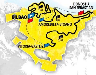 Mapa de Euskadi donde se aprecia el trazado de las tres etapas vascas que darán comienzo al Tour y su conexión con el resto de la carrera a través de Irun