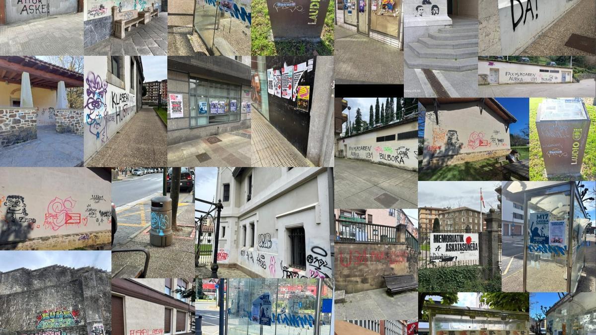 Collage de imágenes de diversos puntos de Laudio con pintadas y carteles