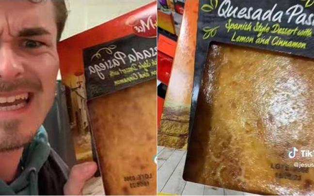 El 'tiktoker' muestra un envase de quesada pasiega. El 'tiktoker' muestra un envase de quesada pasiega.