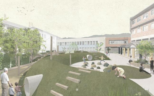 Infografía que muestra la transformación del patio escolar de Arrigorriaga
