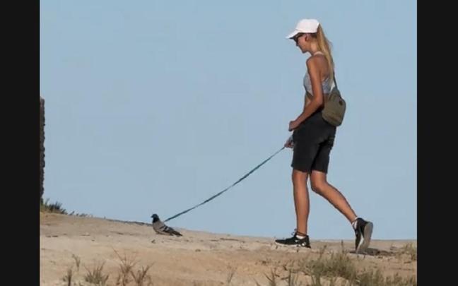 La joven, paseando a la paloma por una playa de Torrevieja.