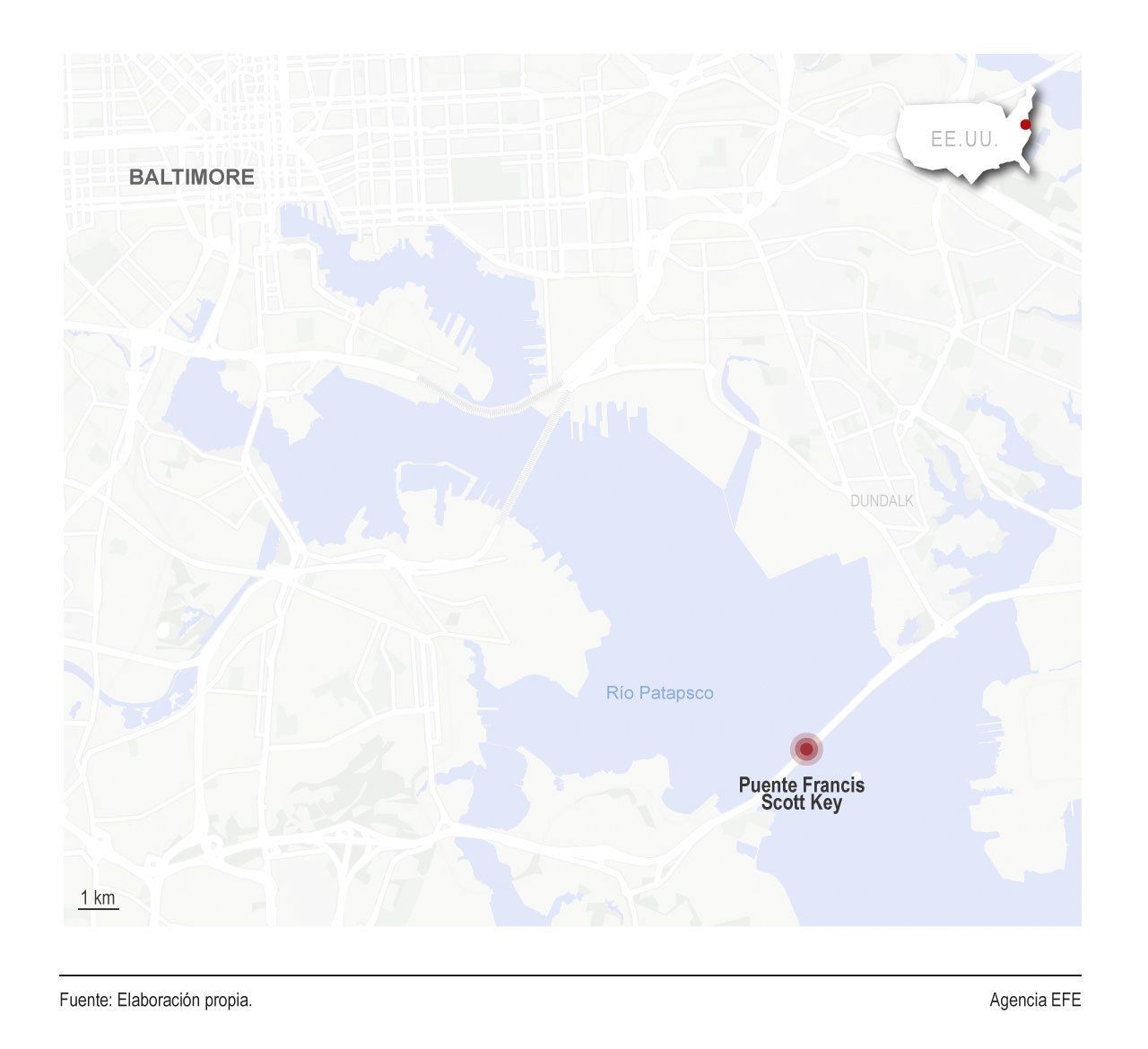 Infografía que muestra el punto en el que un carguero chocó con un puente en Baltimore, EEE.UU. Infografía que muestra el punto en el que un carguero chocó con un puente en Baltimore, EEE.UU.