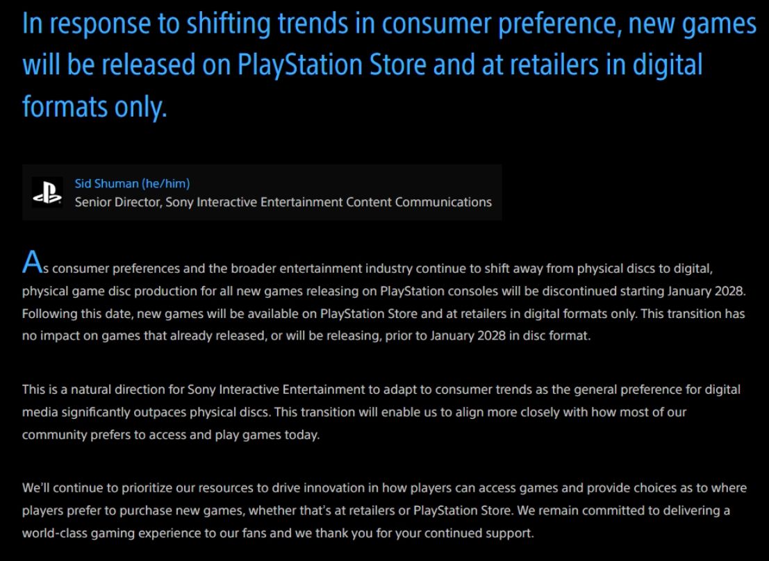 El mensaje publicado por Sid Shuman en el blog de PlayStation sobre el fin de los juegos físicos.
