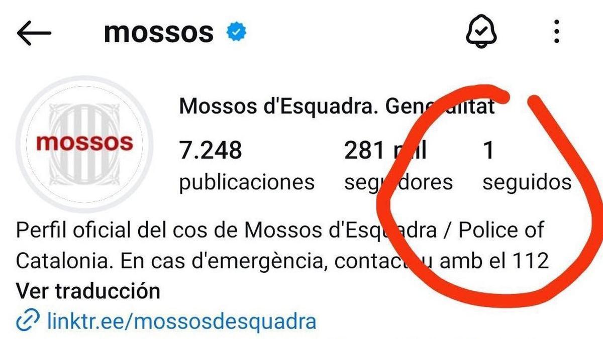 El perfil oficial de los Mossos d'Esquadra, siguiendo a una sola cuenta.