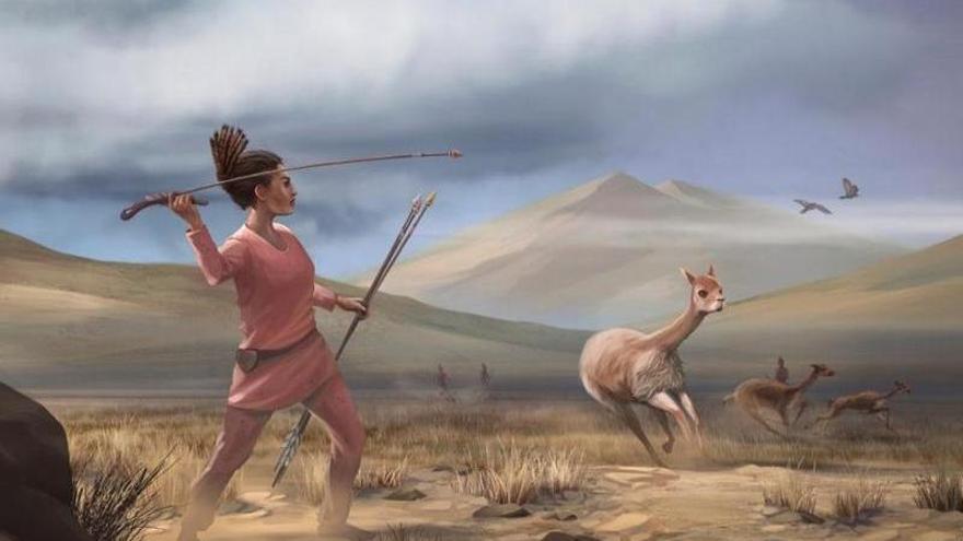 Ilustración de una cazadora que representa a los cazadores que pudieron haber aparecido en los Andes hace 9.000 años.