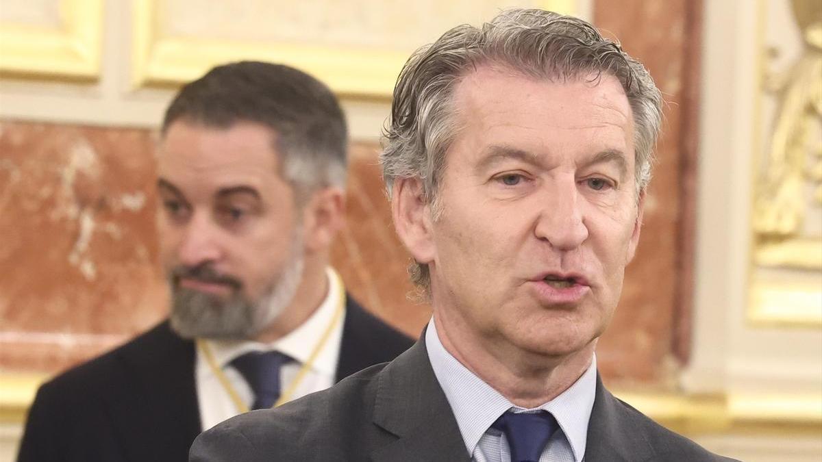 Feijóo, en primer plano, con Abascal detrás durante la visita del Papa al Congreso.