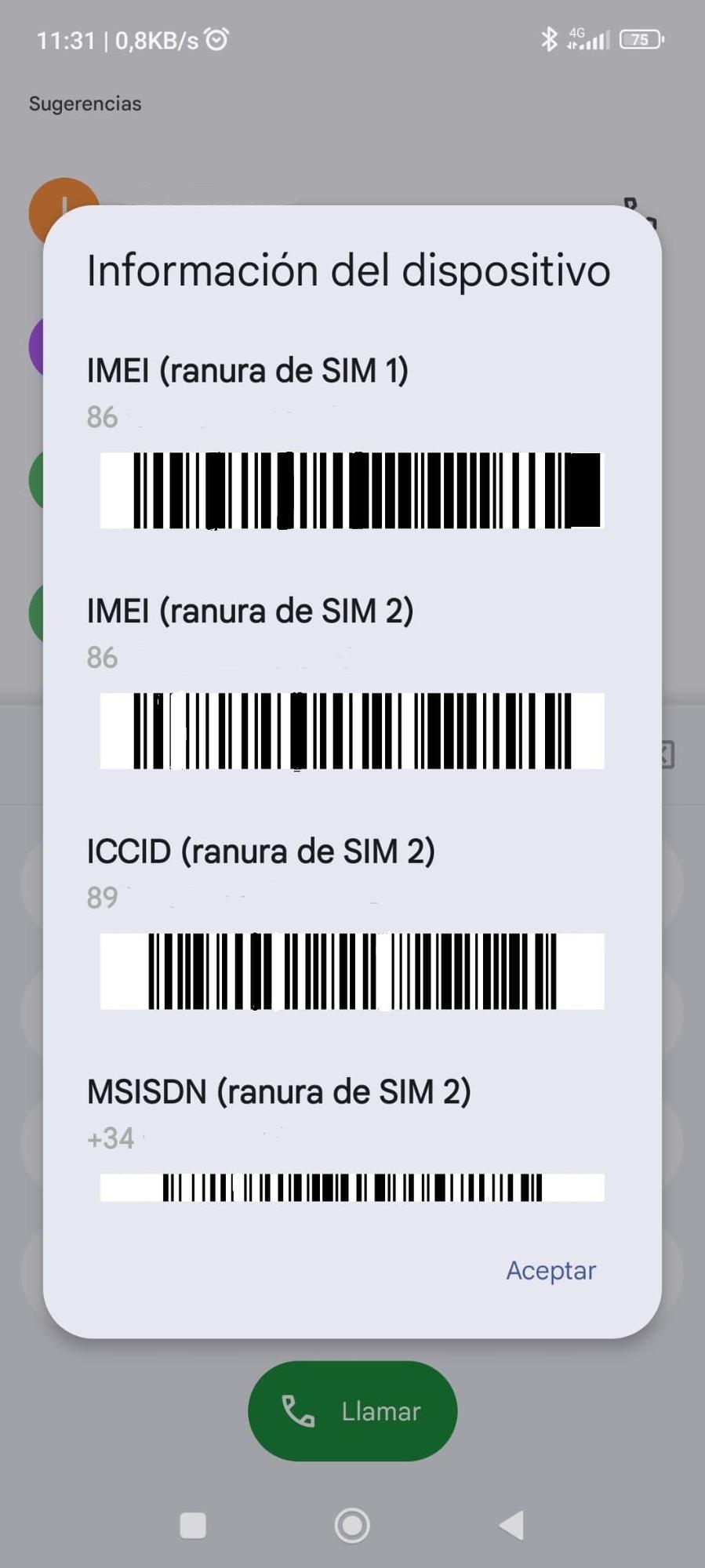 Un móvil con dos números IMEI que se muestran tras marcar en el dispositivo *#06#.