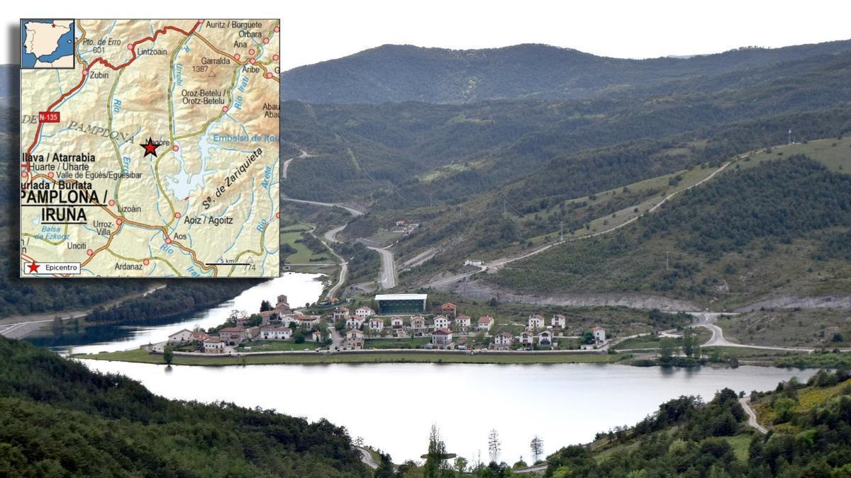 Vista de la localidad de Nagore. Superpuesta, imagen de la localización del epicentro del seísmo.