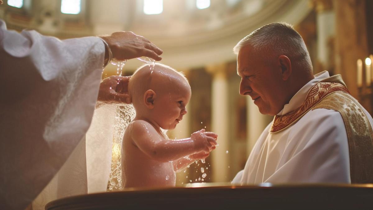 Un niño durante la ceremonia de bautizo.