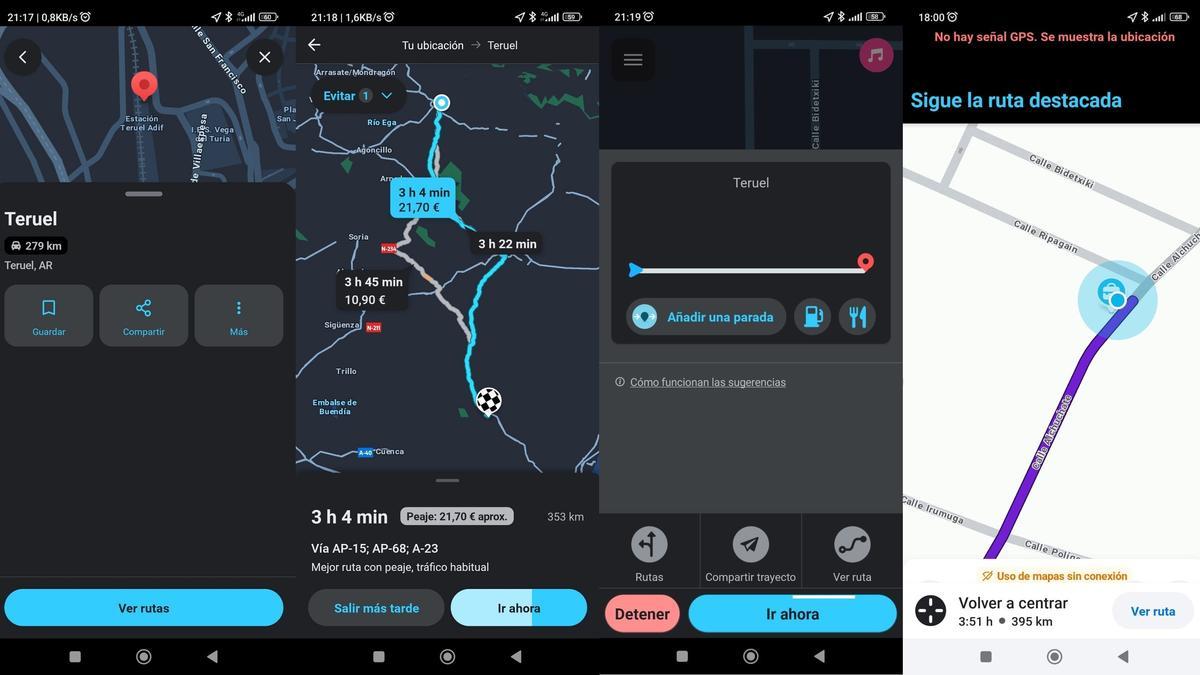 Pantallazos para fijar una ruta con Waze.