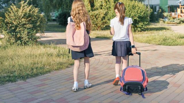 Dos niñas van al colegio, una de ellas lleva una mochila a la espalda y otra una con ruedas.