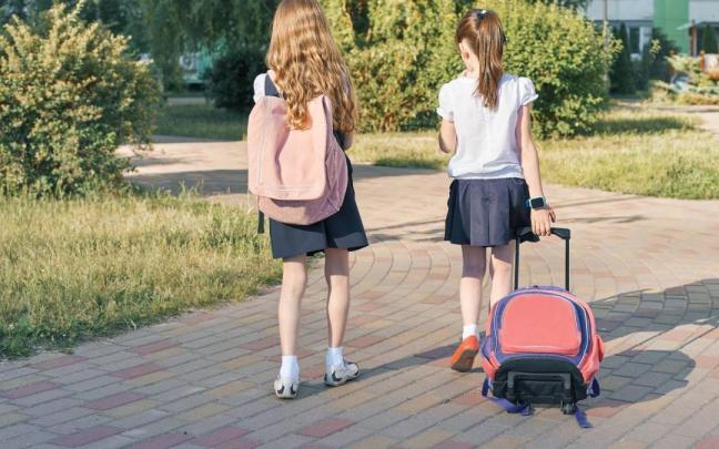 Dos niñas van al colegio, una de ellas lleva una mochila a la espalda y otra una con ruedas.