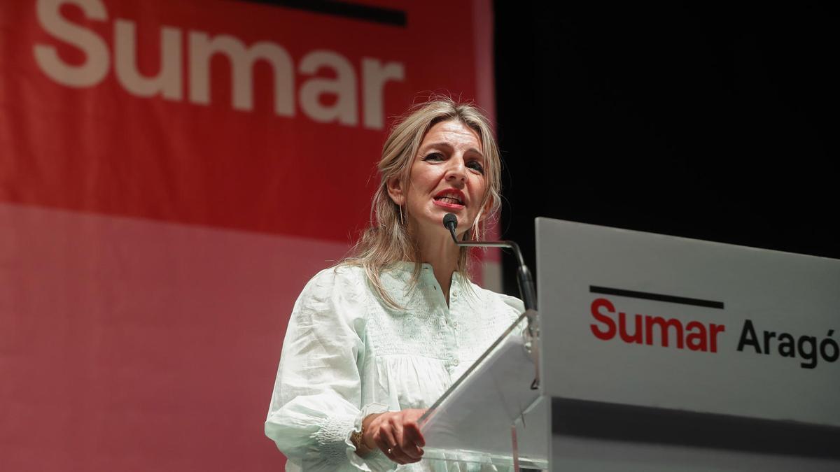 Yolanda Díaz, durante un acto electoral en Zaragoza