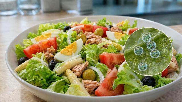 La Cyclospora puede quedar adherida a frutas, verduras y hierbas consumidas crudas; el círculo muestra una recreación ampliada de sus ooquistes.