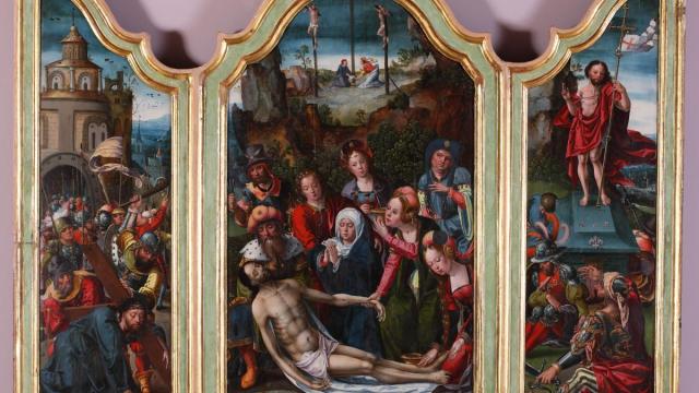 ‘Tríptico del Llanto sobre Cristo Muerto, Caída camino al Calvario y Resurrección’, Círculo de Pieter Coeke, hacia 1530, óleo sobre tabla.