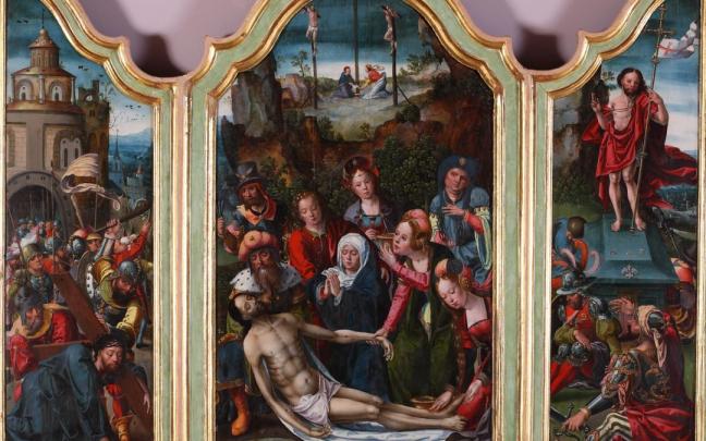 ‘Tríptico del Llanto sobre Cristo Muerto, Caída camino al Calvario y Resurrección’, Círculo de Pieter Coeke, hacia 1530, óleo sobre tabla.