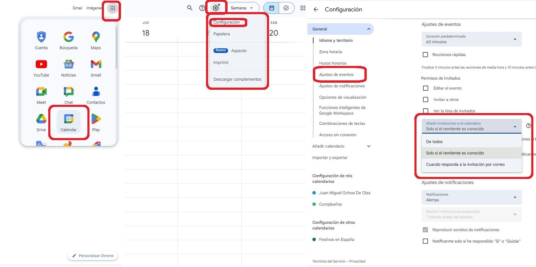 Combo con los pasos para modificar los eventos que se admiten en Google Calendar.