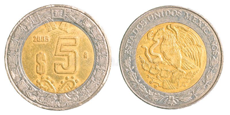 Moneda de 5 pesos mexicanos.