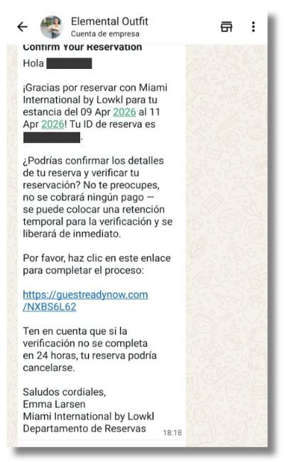 Captura del mensaje de WhatsApp recibido por la usuaria.