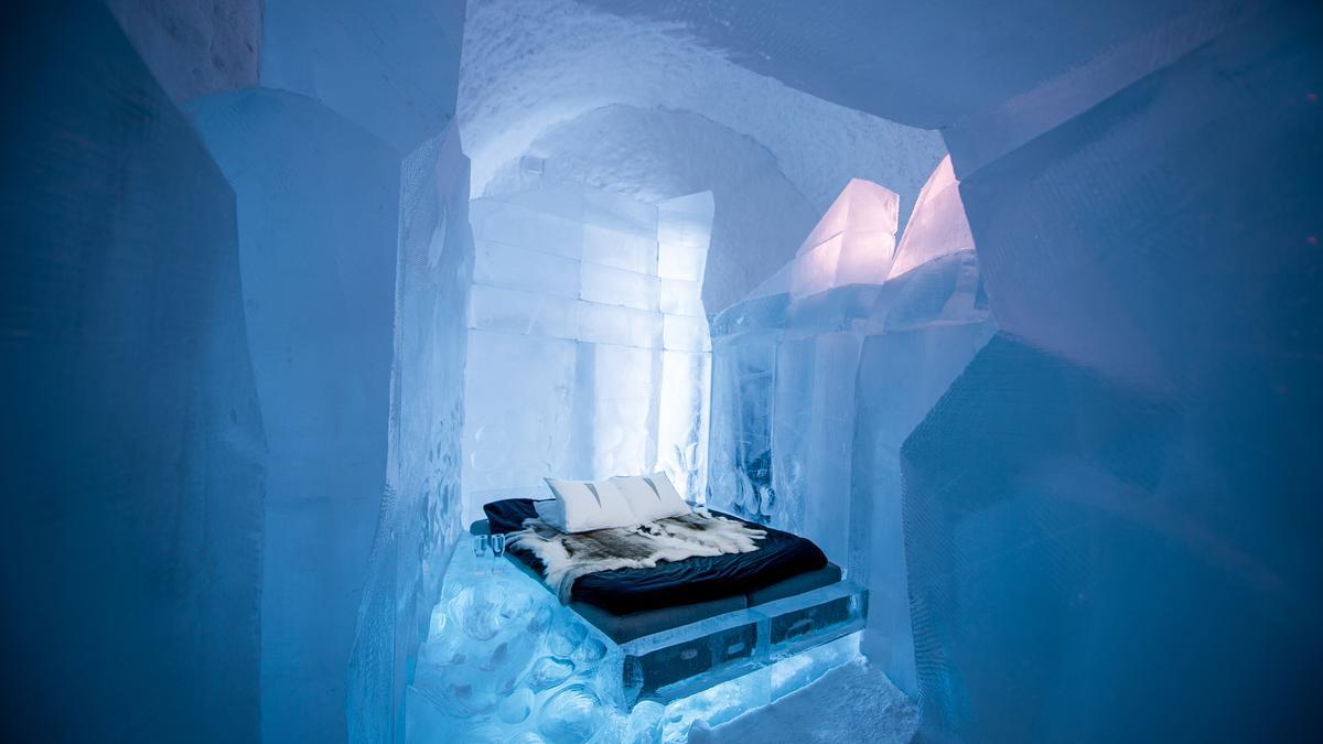 Una de las habitaciones del Ice Hotel, en Suecia.