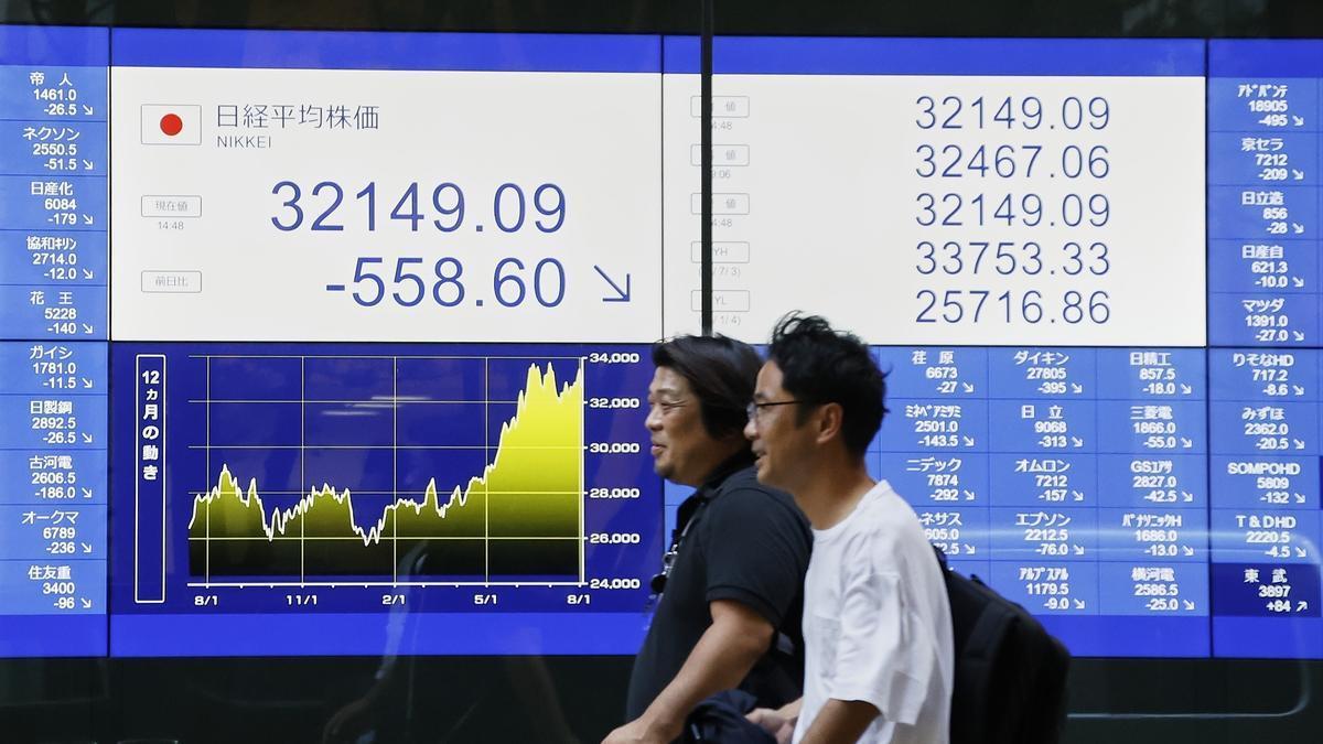 Dos personas pasan junto a una pantalla donde se muestra el promedio bursátil Nikkei de Japón.