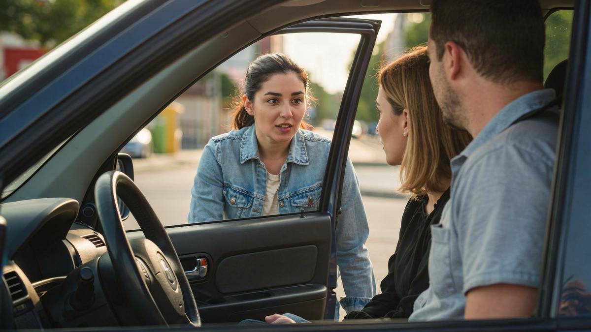 Una pareja pregunta algo desde el coche a una joven.