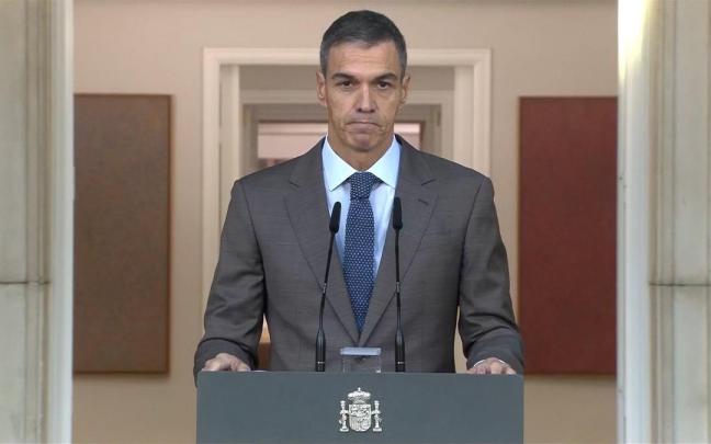 El presidente Sánchez, durante su intervención en Moncloa para anunciar el adelanto electoral
