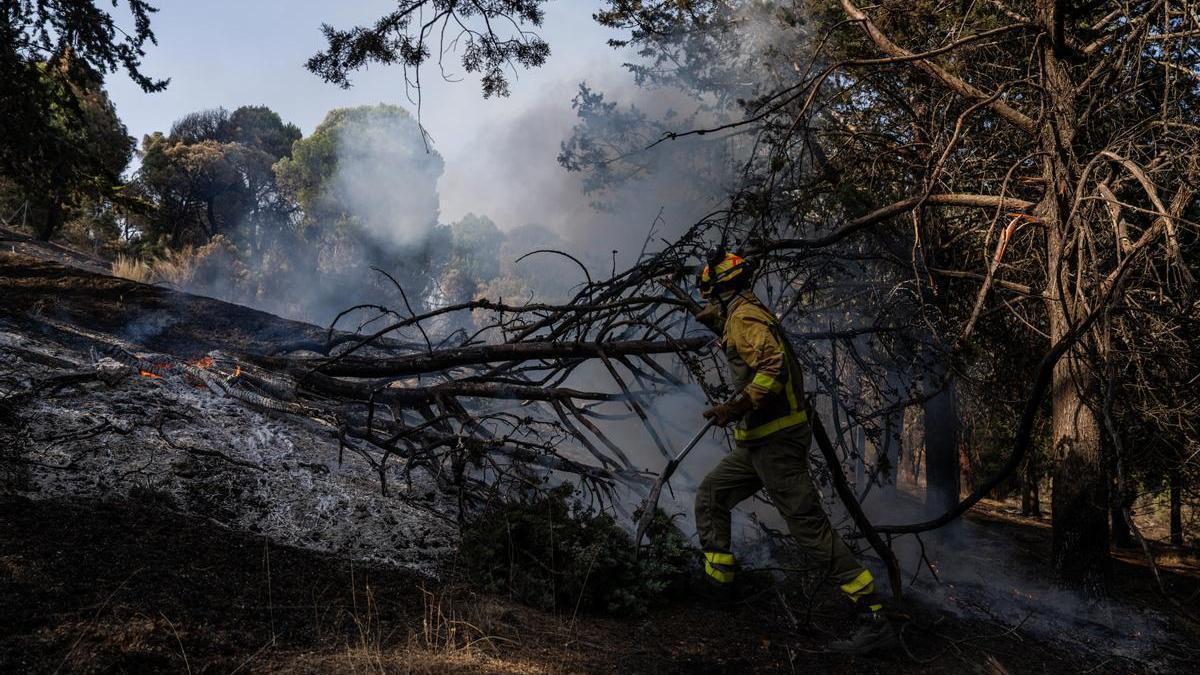 Un bombero trabaja en las tareas de extinción del incendio forestal en la Sierra Oeste de Madrid.