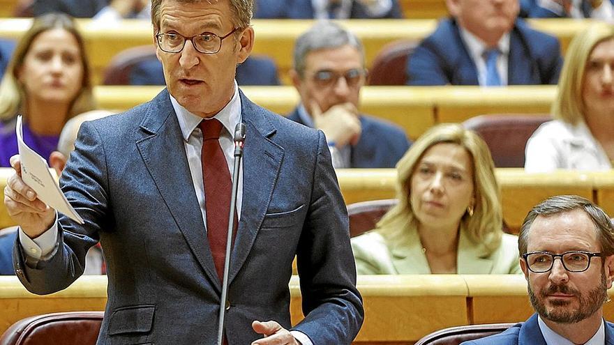 Alberto Núñez Feijóo, durante su intervención ayer en el Senado en un nuevo cara a cara con Pedro Sánchez. | FOTO: EFE