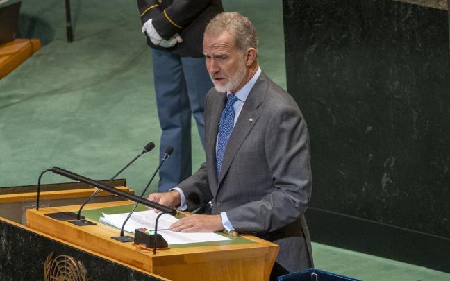 Felipe VI habla en la Asamblea General de la Organización de las Naciones Unidas (ONU) este miércoles, en Nueva York.