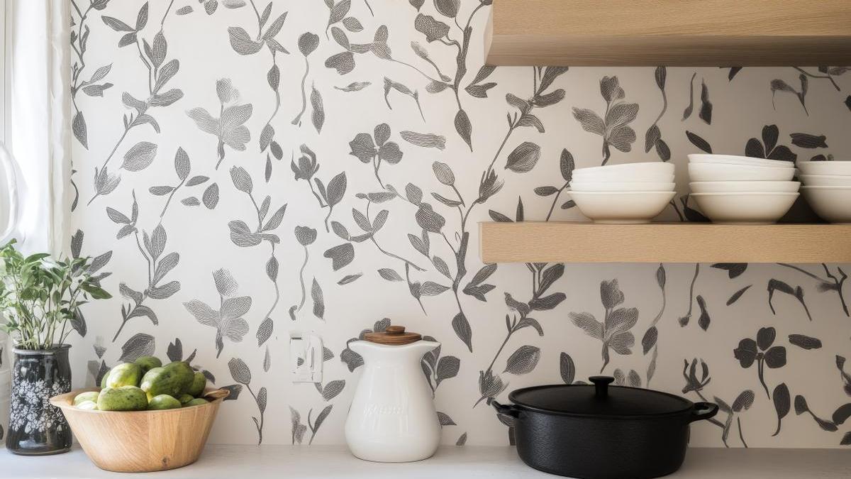 Papel pintado en una de las paredes de la cocina.