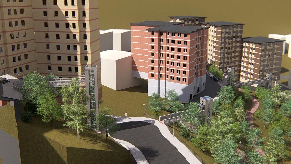 Infografía panorámica de los cuatro ascensores que conectarán la parte baja y alta de Karmelo Torre