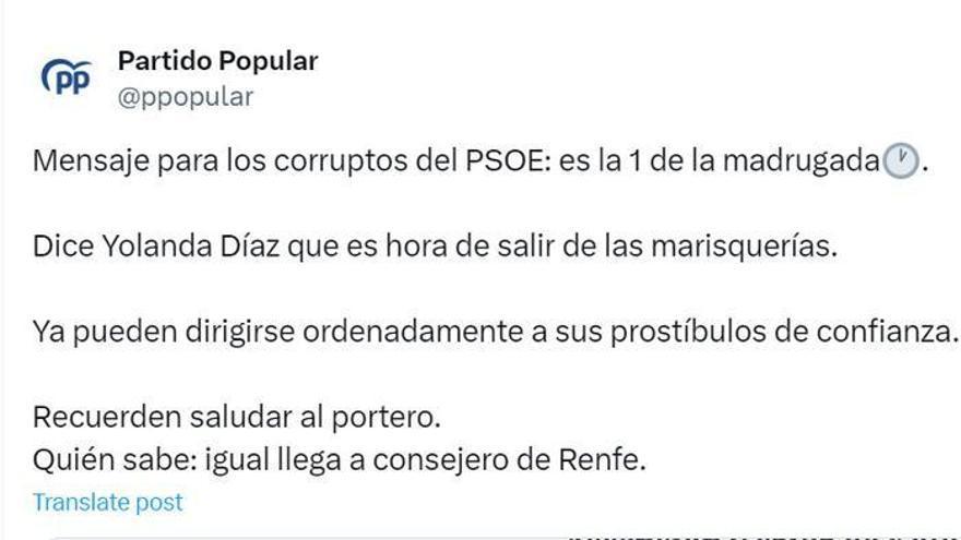 El tuit del PP calificado por el PSOE como "indecente".