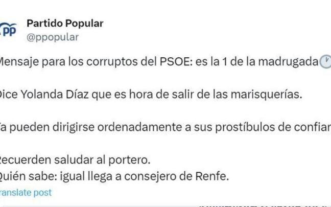 El tuit del PP calificado por el PSOE como "indecente".