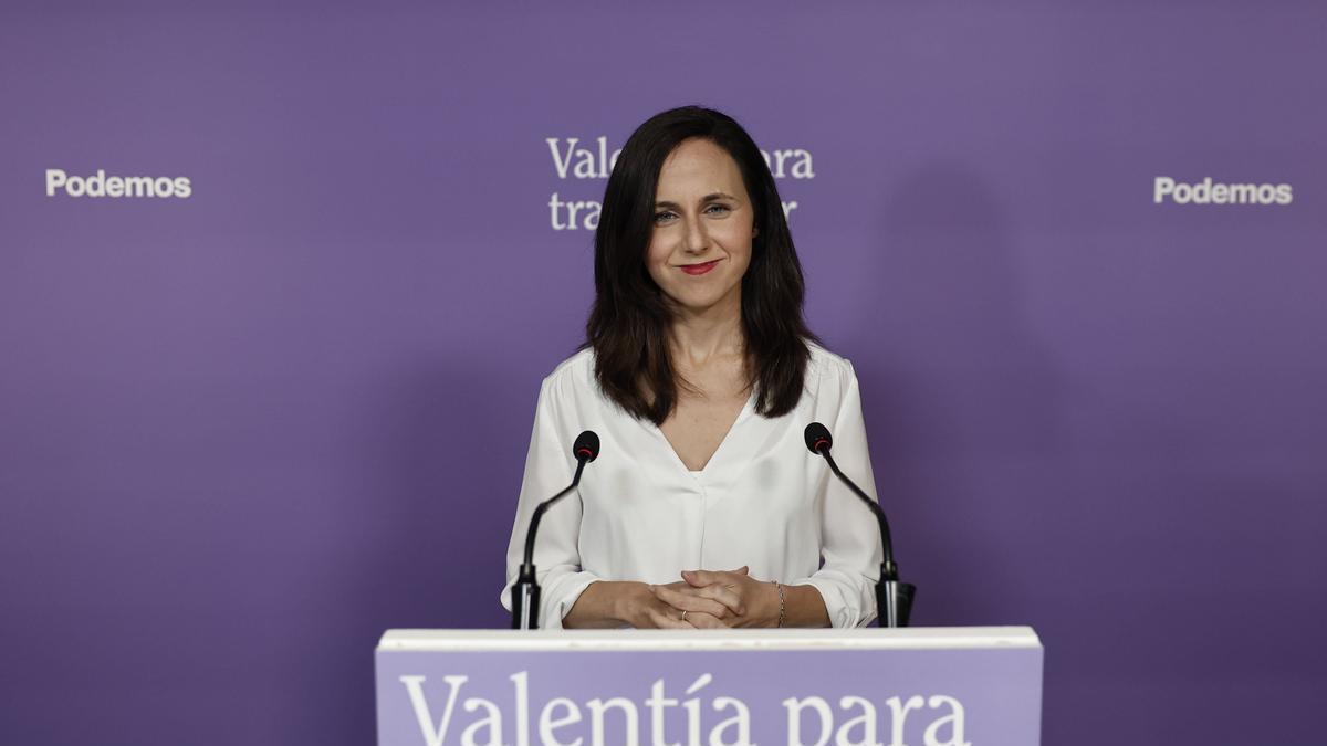 La secretaria general de Podemos, Ione Belarra, en la comparecencia que ha realizado tras el anuncio del adelanto electoral.