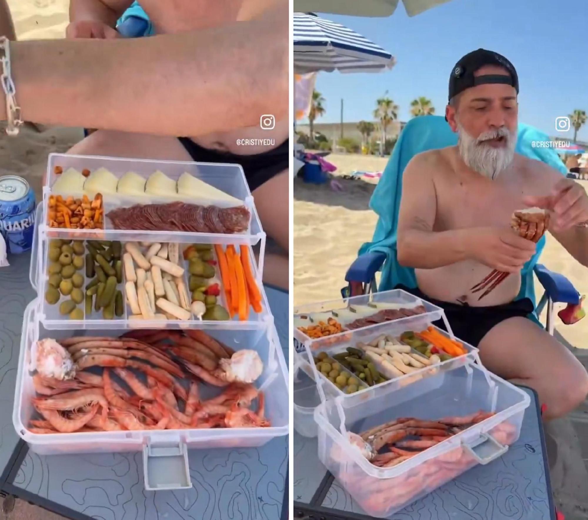 Edu se las ha ideado para bajarse todo un banquete a la playa.