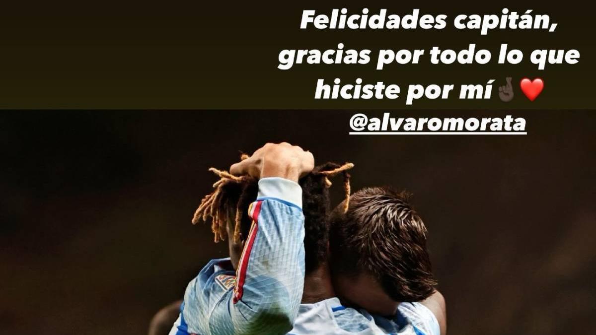 Felicitación de Nico Williams a Álvaro Morata en su perfil de Instagram