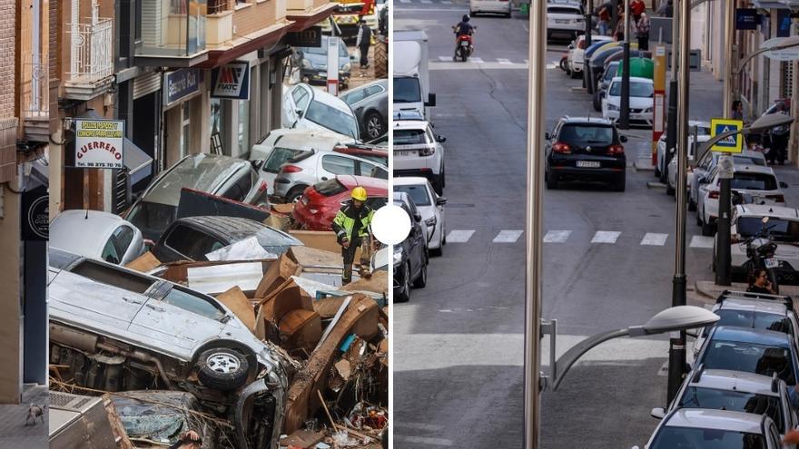 Una calle de Sedaví (Valencia) tras la dana y en la actualidad