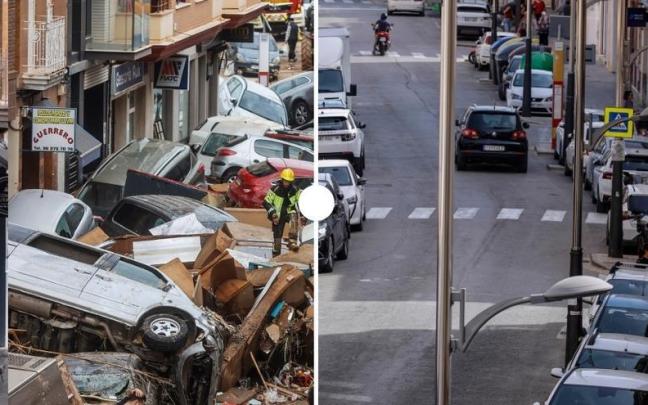 Una calle de Sedaví (Valencia) tras la dana y en la actualidad