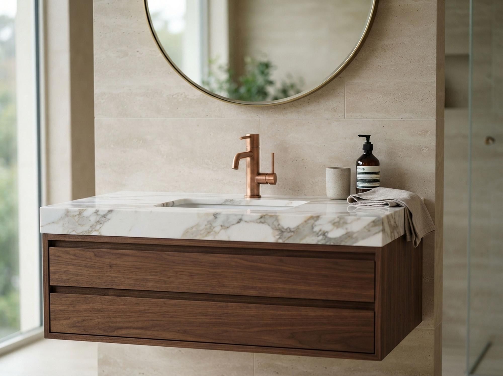 Mueble de baño con encimera de mármol y cajones de madera.