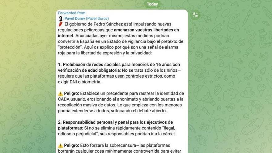 Mensaje que Telegram ha mandado a sus usuarios