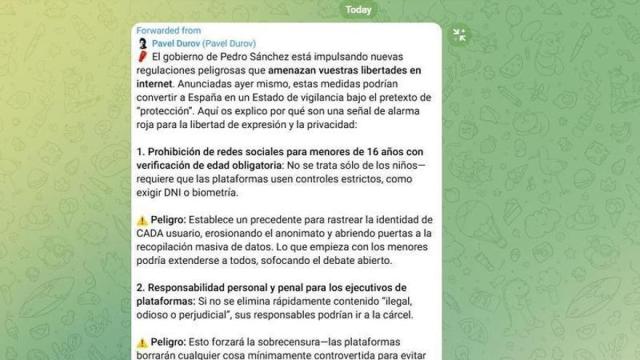 Mensaje que Telegram ha mandado a sus usuarios