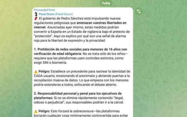 Mensaje que Telegram ha mandado a sus usuarios