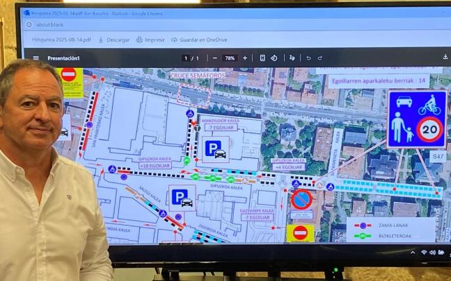 Iker Basurko, concejal de Movilidad, presenta la nueva zona de movilidad compartida.