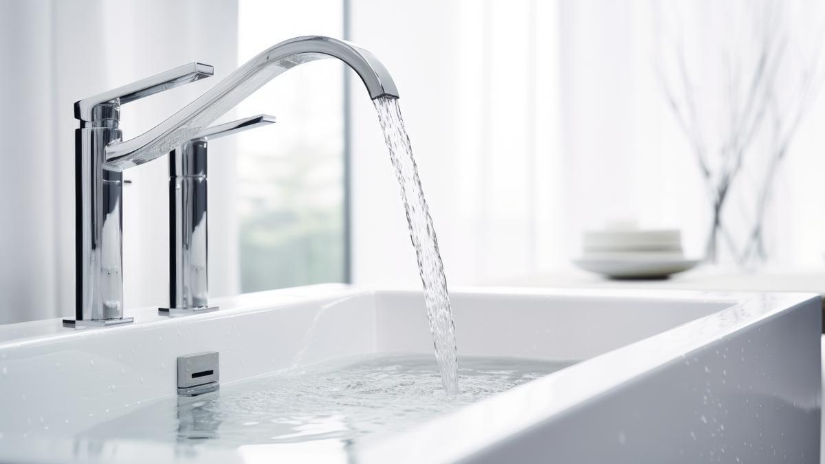 Un potente chorro de agua cae del grifo de un lavabo.