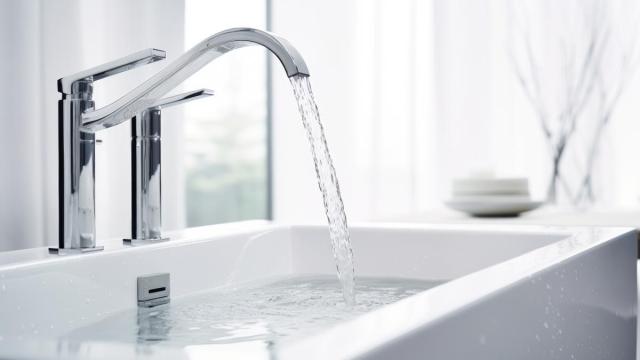 Un potente chorro de agua cae del grifo de un lavabo. Un potente chorro de agua cae del grifo de un lavabo.