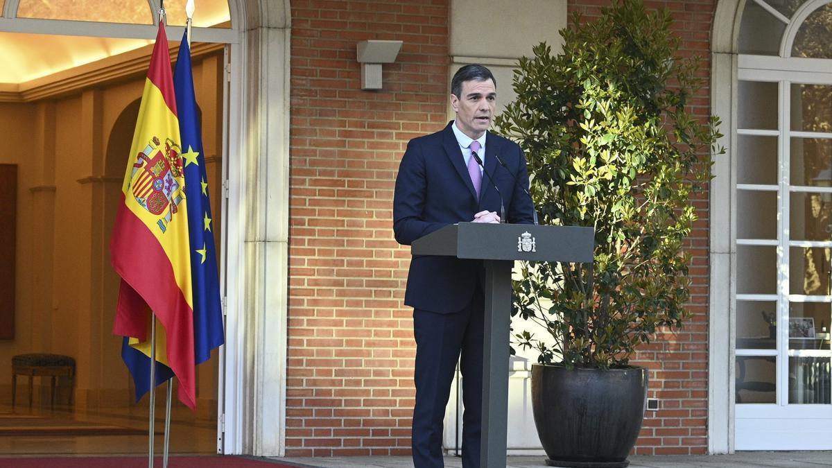 Pedro Sánchez durante la declaración institucional en la que ha anunciado su quinta crisis de Gobierno.