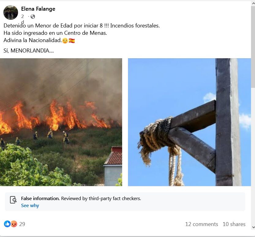 Post en Facebook que informa falsamente de la detención de un menor por comenzar incendios.